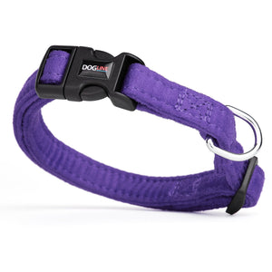 Purple dog collar with quick release buckle and metal ring, made from soft microfiber, 5/8 inches wide