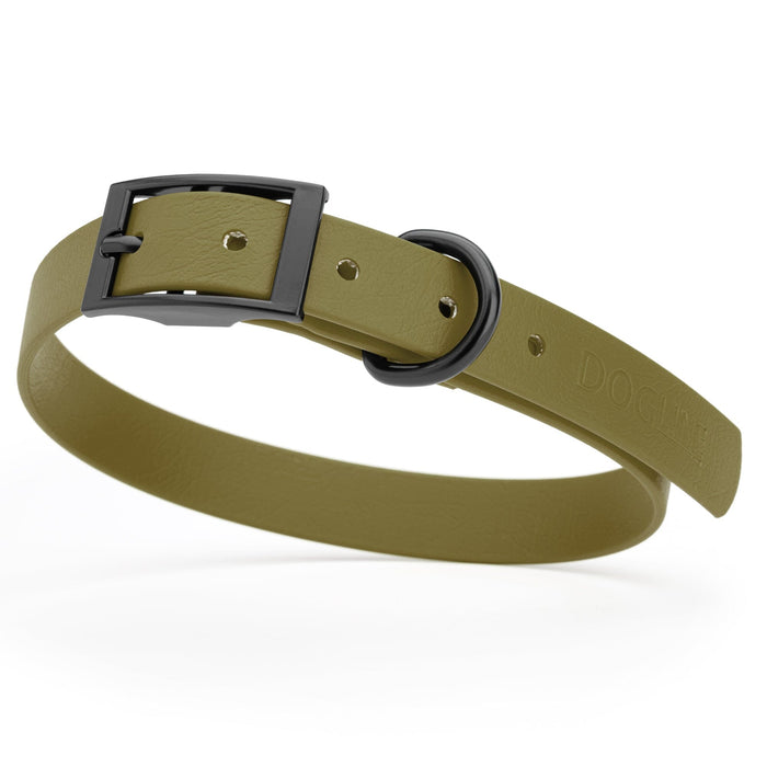 Olive Drab Green dog collar with black hardware, made from waterproof biothane, 15 to 18 inches long
