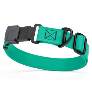 Teal dog collar with black Herm Sprenger buckle and metal D-ring, adjustable, made from waterproof and odor resistant Biothane