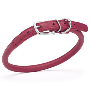Pink leather dog collar with metal hardware, 3/8 inches wide