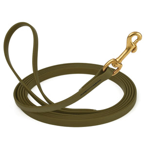 Waterproof Olive Drab Green dog collar with brass clip, made from BioThane, length 10 feet, width 1/2 inch