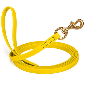 Lemon Yellow leash for dogs with brass snap hook, 5/8 inch wide, 15 feet long, made from waterproof Biothane