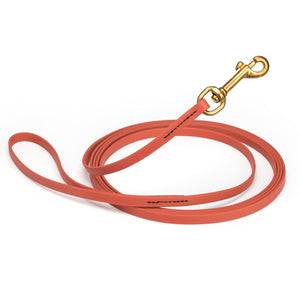 Waterproof Coral dog leash, 20 ft long, 3/8 in wide, made from Biothane with brass hardware