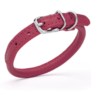 Pink leather dog collar with metal hardware, 1/3 inches wide