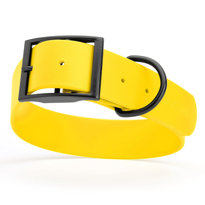 Safety Yellow dog collar with black buckle, made from waterproof biothane, 1.5 inches wide, 20 to 24 inches long, fits large dogs