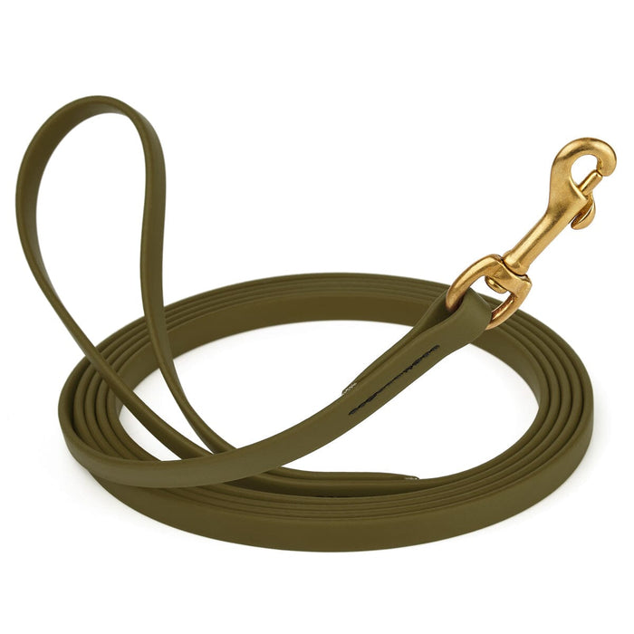 Olive Drab Green Biothane dog leash with brass swivel snap hook, 1/2 inch wide, 33 feet long