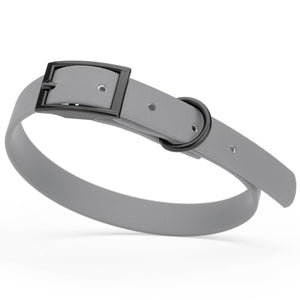 Battleship Gray Biothane dog collar with black metal buckle and D-ring, width 5/8 inches, fits small dogs 