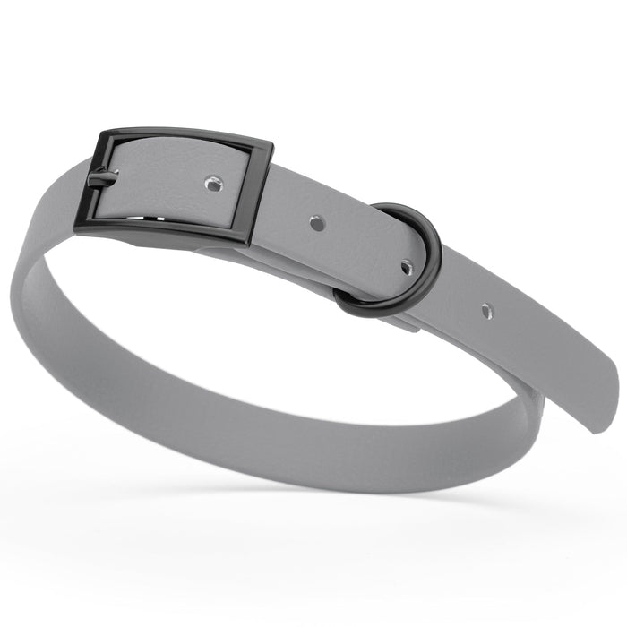 Battleship Gray Biothane dog collar with black metal buckle and D-ring, width 5/8 inches, fits small dogs 