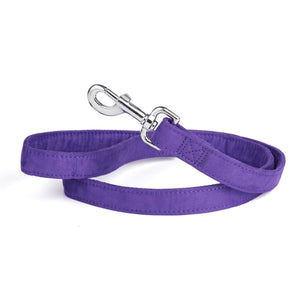 Purple dog leash with metal snap hook, made from soft microfiber