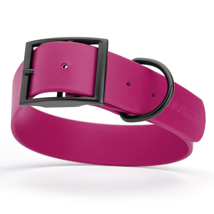 Magenta Pink dog collar with black buckle, made from waterproof biothane, 1.5 inches wide, 20 to 24 inches long, fits large dogs