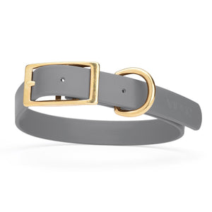 Battleship Gray dog collar with brass buckle and D-ring, made from waterproof Biothane, 1-inch wide, fits medium and large dogs