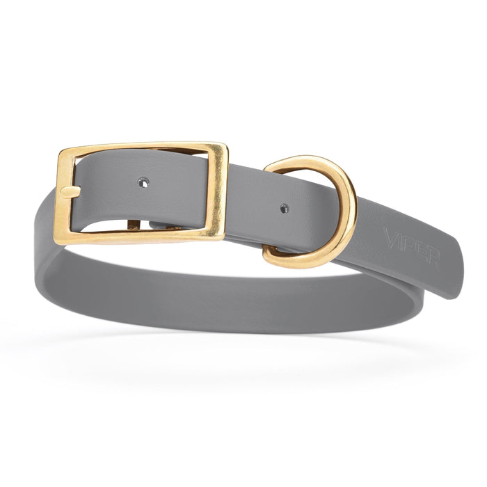 Battleship Gray dog collar with brass buckle and D-ring, made from waterproof Biothane, 1-inch wide, fits medium and large dogs