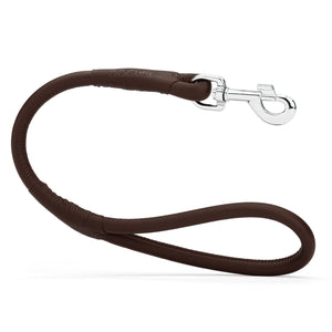 Dark brown leather traffic lead with metal swivel clip, rolled design