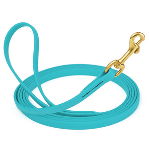 Sky Blue Biothane dog leash with brass swivel snap hook, 1/2 inch wide, 33 feet long
