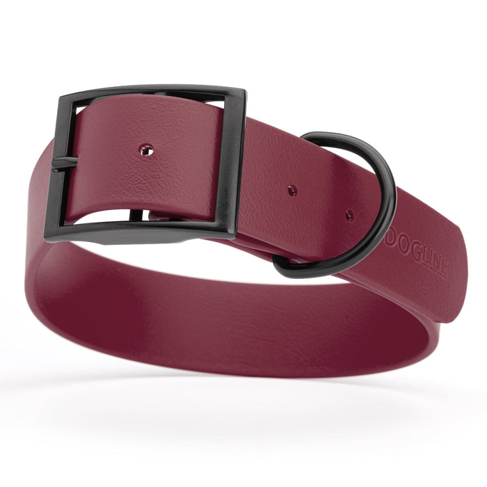 Merlot Burgundy dog collar with black buckle, made from waterproof biothane, 1.5 inches wide, 24 to 28 inches long, fits large dogs