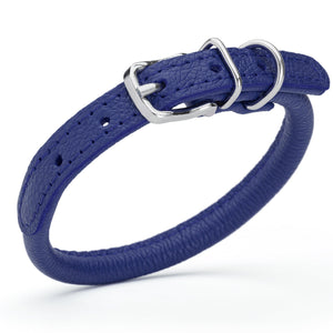 Royal blue leather dog collar with metal hardware, 1/3 inches wide