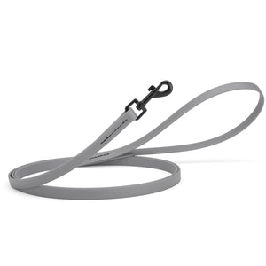 Battleship gray dog leash with black swivel clip, made from waterproof Biothane, 6 feet long, 1/2 inches wide