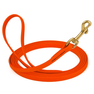 Hunter Orange Biothane dog leash with brass swivel snap hook, 1/2 inch wide, 33 feet long
