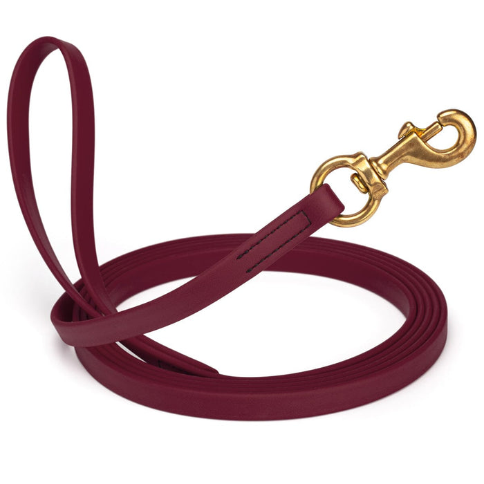 Merlot Burgundy leash for dogs with brass snap hook, 5/8 inch wide, 15 feet long, made from waterproof Biothane