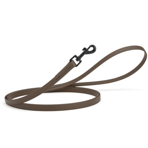 Dark chocolate brown dog leash with black swivel clip, made from waterproof Biothane, 6 feet long, 1/2 inches wide