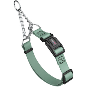 Sage green martingale dog collar with black quick release buckle, made from waterproof Biothane