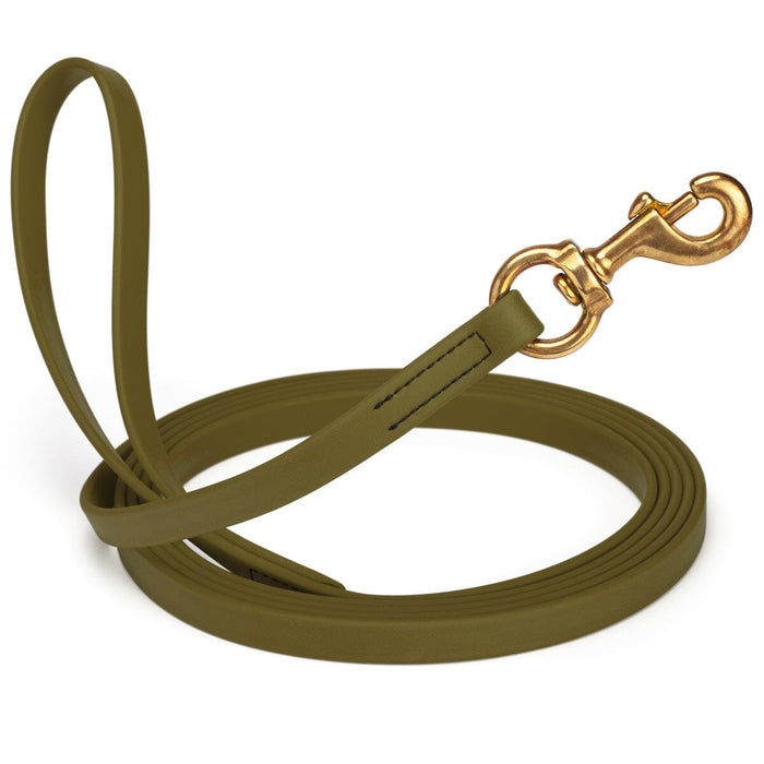 Olive Drab Green Biothane dog leash with brass swivel snap hook, 5/8 inch wide, 33 feet long