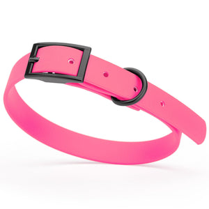Passionfruit Pink dog collar with black hardware, made from waterproof biothane, 12 to 15 inches long