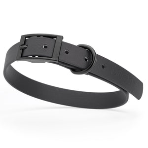 Black waterproof dog collar with black metal buckle and D-ring, made from BioThane, fits medium dogs