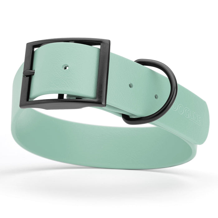 Sage Green dog collar with black buckle, made from waterproof biothane, 1.5 inches wide, 20 to 24 inches long, fits large dogs