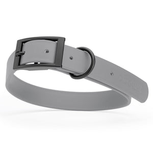 Battleship Gray dog collar with black buckle, made from waterproof biothane, 22 to 25 inches long