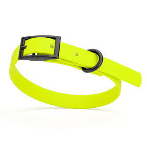 Safety Yellow dog collar with black hardware, made from waterproof biothane, 9 to 12 inches long