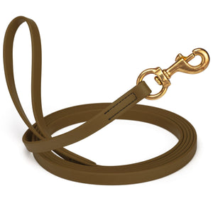 Coyote Brown Biothane dog leash with brass swivel snap hook, 5/8 inch wide, 33 feet long
