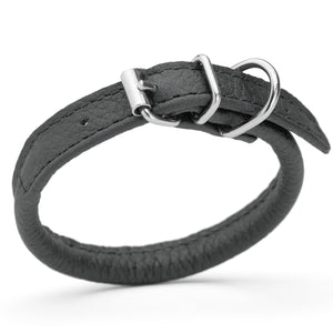 Black leather dog collar with metal hardware, 1/4 inches wide