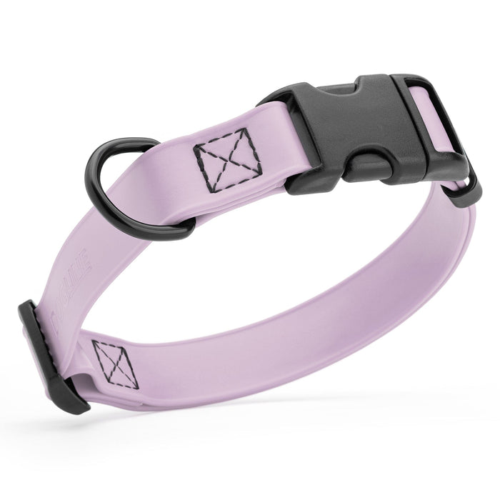 Pastel Purple dog collar with black quick release buckle and metal D-ring, adjustable, 5/8 inches wide, made from waterproof Biothane