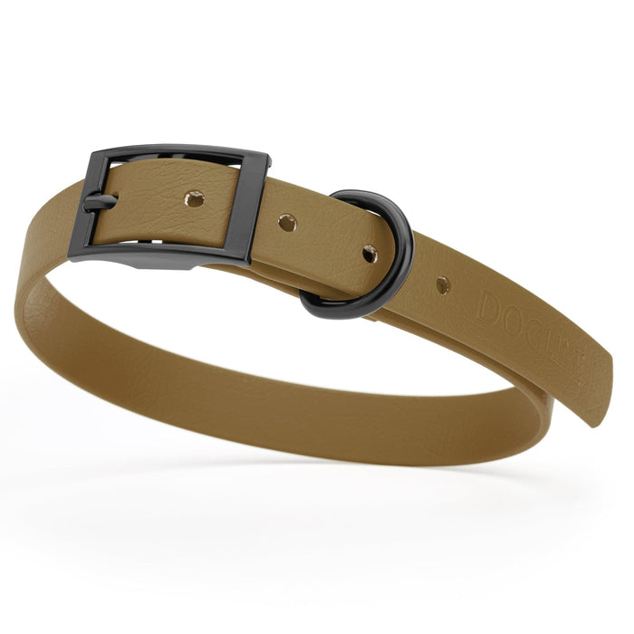 Coyote Brown waterproof dog collar with black metal buckle and D-ring, made from BioThane, fits medium dogs