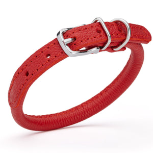 Red leather dog collar with metal hardware, 1/3 inches wide