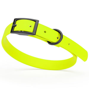 Safety Yellow dog collar with black hardware, made from waterproof biothane, 12 to 15 inches long