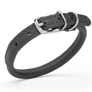 Black leather dog collar with metal hardware, 1/3 inches wide