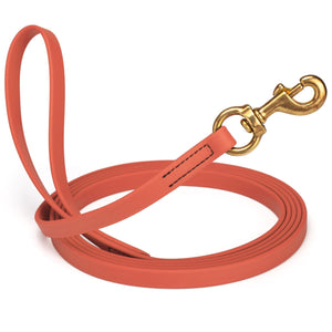 Coral leash for dogs with brass snap hook, 5/8 inch wide, 15 feet long, made from waterproof Biothane