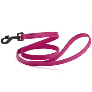 Magenta pink dog leash with black swivel clip, made from waterproof Biothane, 6 feet long, 3/4 or 5/8 inches wide