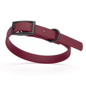 Merlot Burgundy dog collar with black hardware, made from waterproof biothane, 9 to 12 inches long