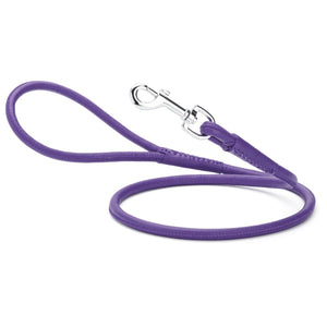 Purple leather leash for dogs with metal swivel clip, rolled design, 1/4 or 3/8 inches wide