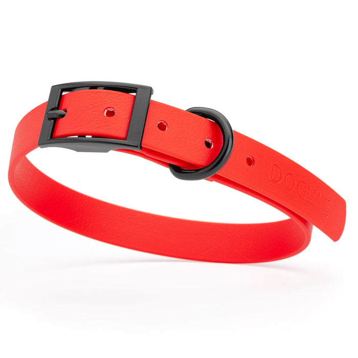 Cherry Red waterproof dog collar with black metal buckle and D-ring, made from BioThane, fits medium dogs
