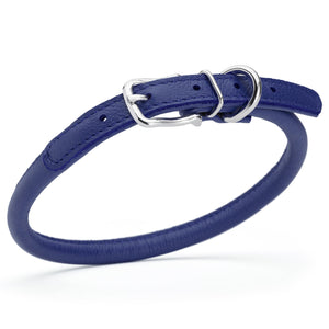 Royal blue leather dog collar with metal hardware, 3/8 inches wide