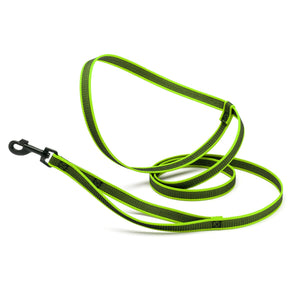 Lime green rubberized nylon dog leash, multifunctional, with hands-free option and black snap hook
