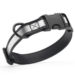 Black reflective dog collar with black quick release buckle and D-ring, adjustable, made from waterproof Biothane, 3/4 inches wide