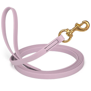 Pastel Purple leash for dogs with brass snap hook, 5/8 inch wide, 15 feet long, made from waterproof Biothane