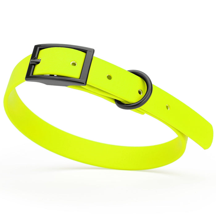Safety Yellow Biothane dog collar with black metal buckle and D-ring, width 5/8 inches, fits small dogs 