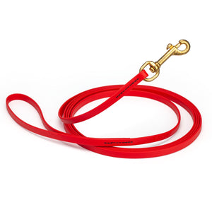 Cherry Red Biothane dog leash with brass snap hook, waterproof, 3/8in wide, 10ft long