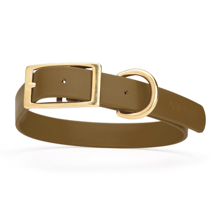 Coyote Brown dog collar with brass hardware, made from waterproof Biothane, 1-inch wide, fits large dogs